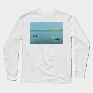 Catching the late sun - Two dinghies floating idly on calm harbour water at Tauranga New Zealand Long Sleeve T-Shirt